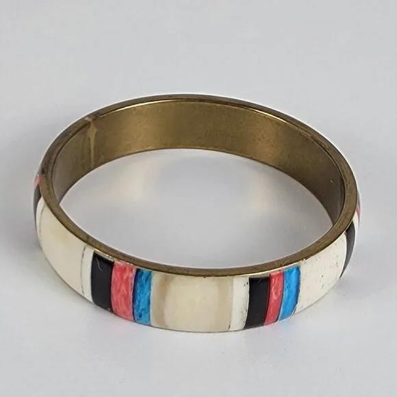 Vintage Natural Materials Overlay Brass Bangle Bracelet 8.25 In Multicolor - Picture 3 of 7